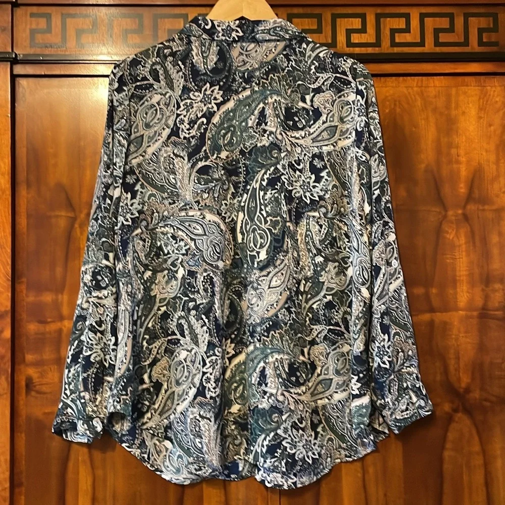 Roz & Ali 1X Paisley Button Down Blouse Blue Green Boho Flowy Women Plus Top - Picture 8 of 14